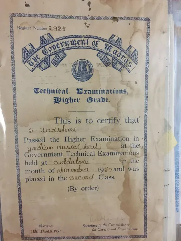 Government of Madras Technical Examinations certificate: S. Lakshmi passed the Higher Examination in Indian Music (vocal) at Cuddalore in November 1950, placed in the second class