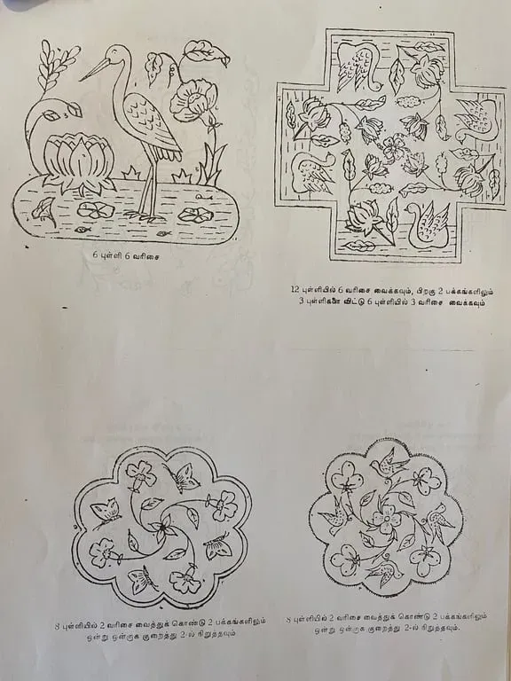 Pencil kolam designs on paper: swans, a square lattice and two round line kolams, with Tamil captions
