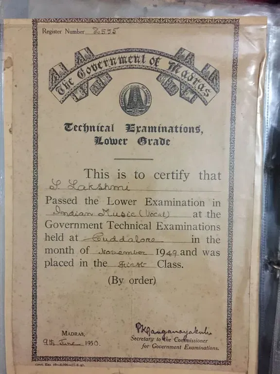 Government of Madras Technical Examinations certificate: S. Lakshmi passed the Lower Examination in Indian Music (vocal) at Cuddalore in November 1949, placed in the first class