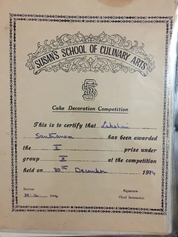 Certificate from Susan's School of Culinary Arts awarding S. Lakshmi the second prize in group VII at a cake decoration competition held on 30 December 1984