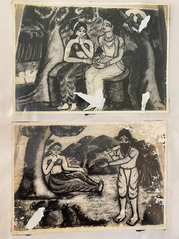 Two black-and-white photographs of figurative rangolis showing groups of people