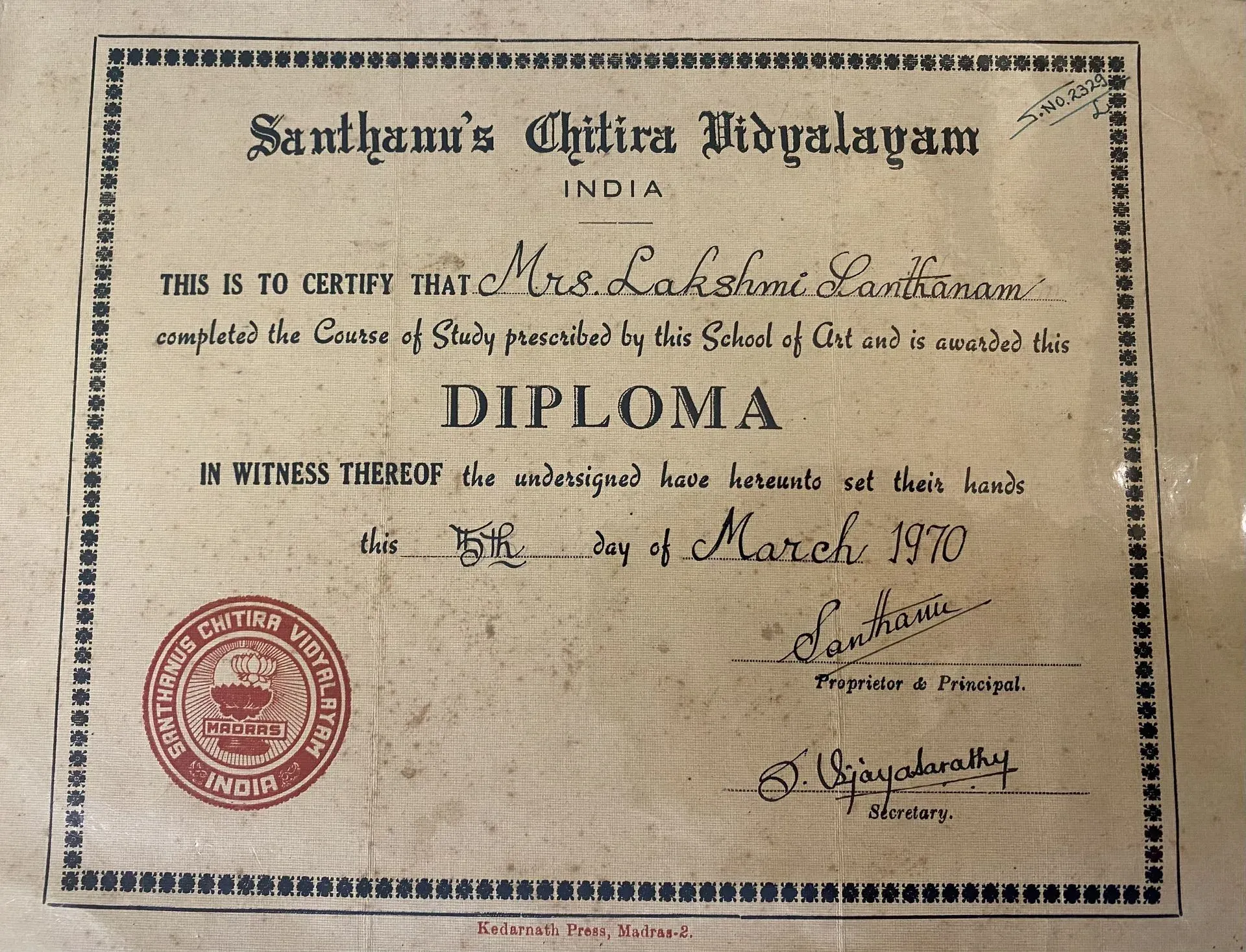 Diploma from Santhanu's Chitra Vidyalayam, India, certifying that Mrs Lakshmi Santhanam completed the course of study, March 1970