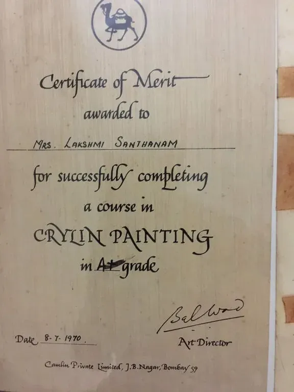 Certificate of merit from Camlin awarded to Mrs Lakshmi Santhanam for completing a course in Crylin painting in A+ grade, dated 8 July 1970