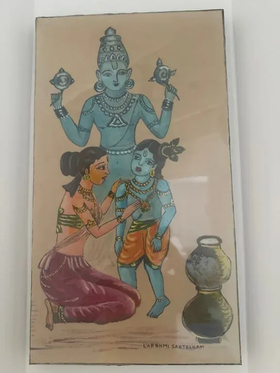 Painting of a blue-skinned Krishna with a woman beside clay pots, in blue and ochre on cream
