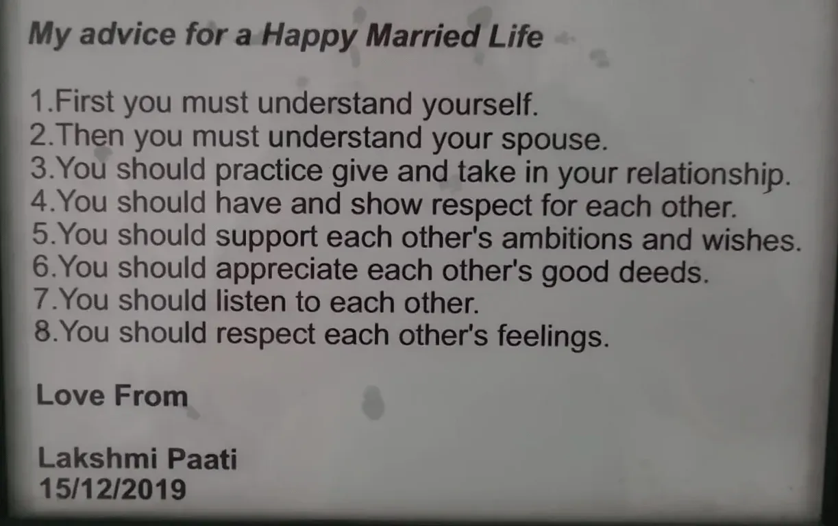A typed card headed My advice for a Happy Married Life, eight numbered points, signed Love From Lakshmi Paati, 15 December 2019