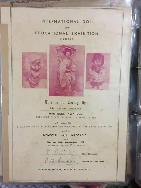 Certificate of merit and appreciation from the International Doll and Educational Exhibition, Madras, for excellent dolls made and displayed at Memorial Hall, 21 to 30 November 1975