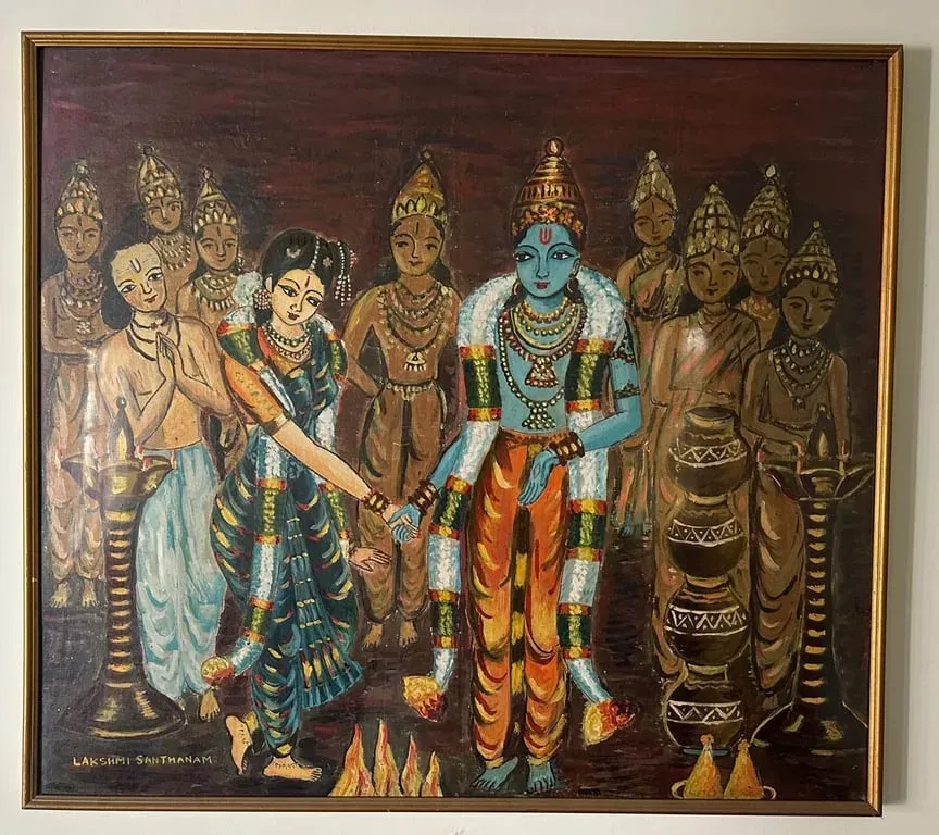 Framed painting of a court scene: a woman and several crowned figures in ornate jewellery, in browns and blues