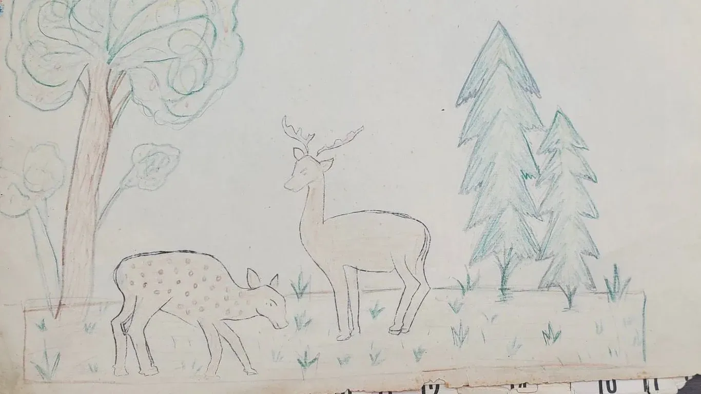 Pencil sketch for a kolam: deer grazing beneath a tree with pine trees behind