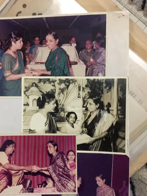 A collage of colour photographs of Lakshmi Santhanam receiving awards and shaking hands at prize distributions