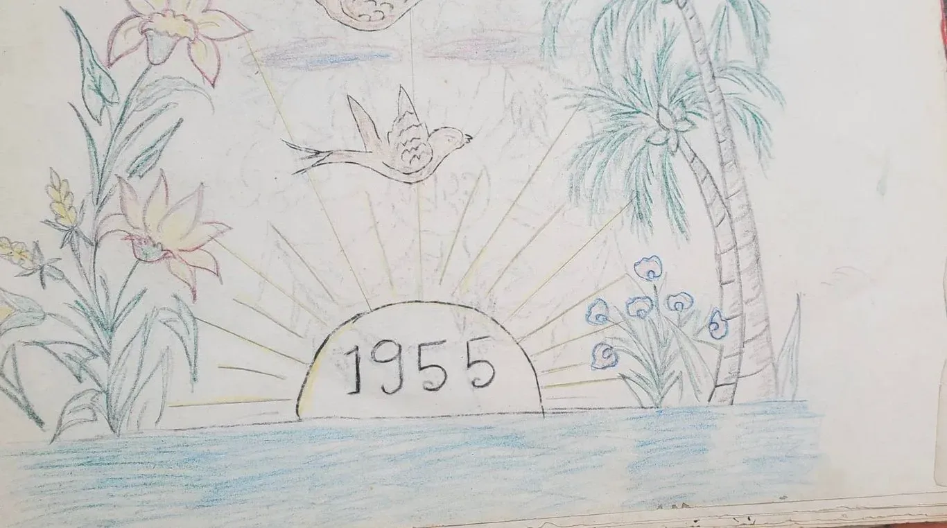 Pencil sketch for a New Year kolam: the rising sun marked 1955 between palm trees, with birds