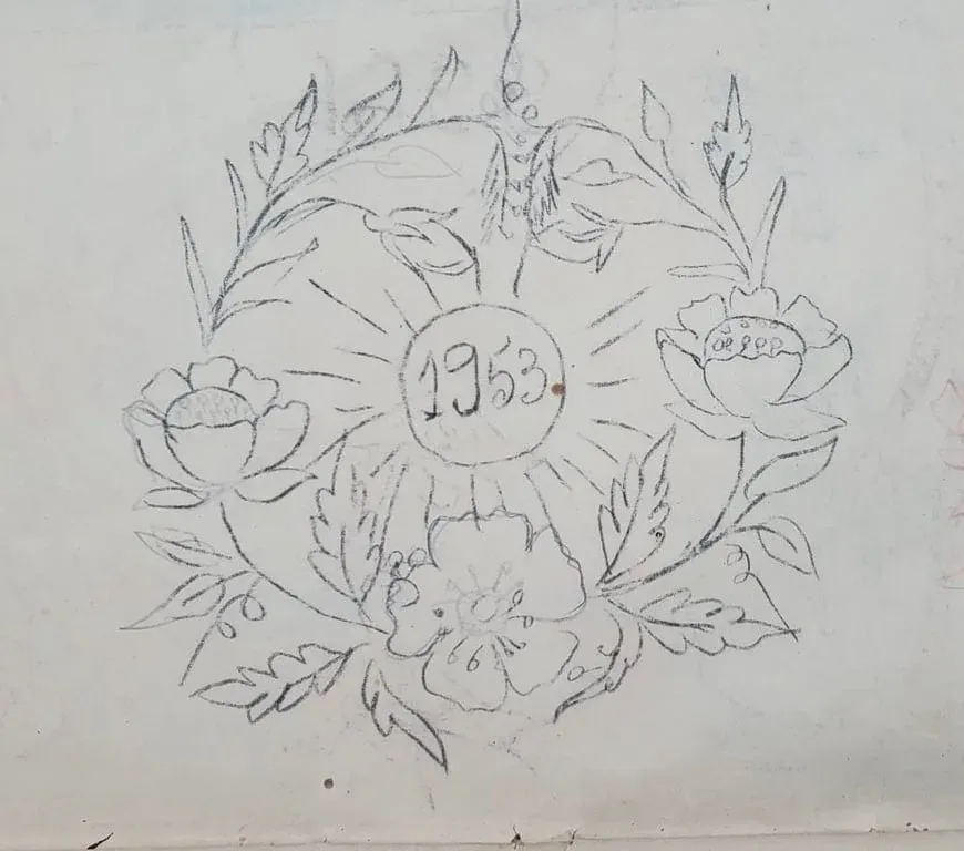 Pencil sketch for a New Year kolam: flowers around the numerals 1953