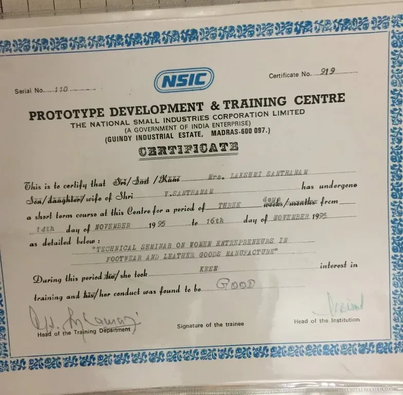 Certificate from the NSIC Prototype Development and Training Centre, Guindy, Madras, for a three-day technical seminar on women entrepreneurs in footwear and leather goods manufacture, 14 to 16 November 1995