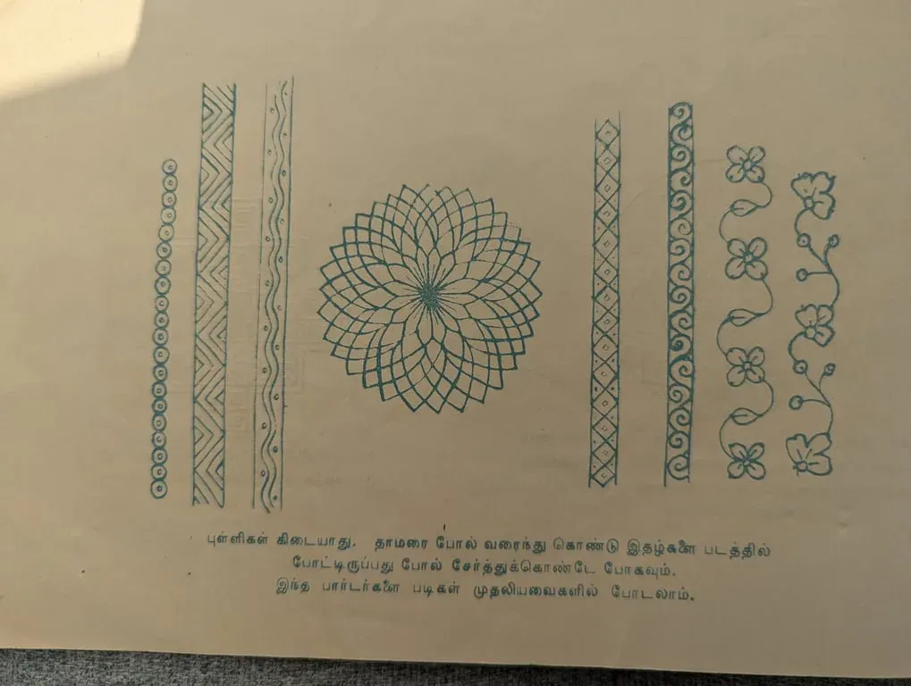 A page of her kolam book with line-kolam borders down each side and a spiral kolam in the centre