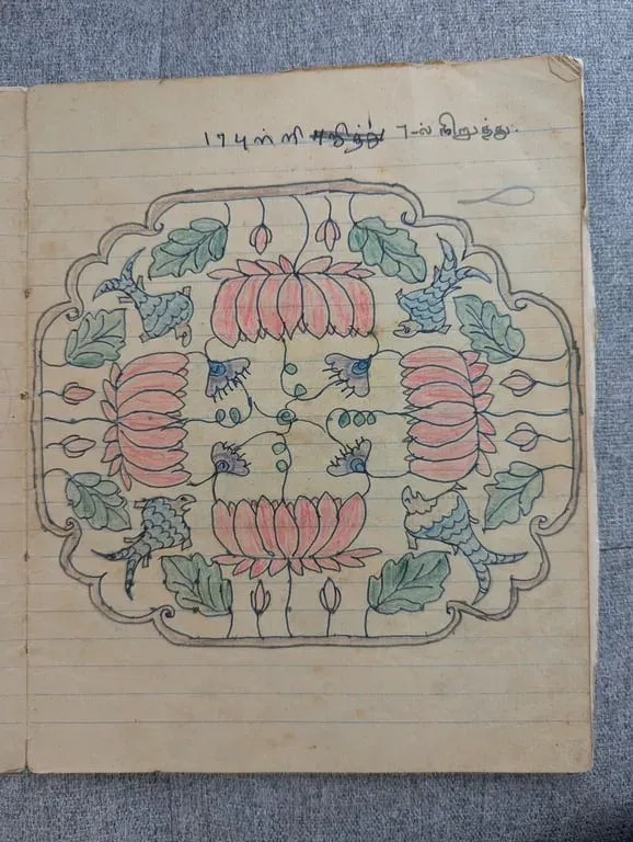 Coloured kolam of pink lotuses within a square frame, on a ruled page