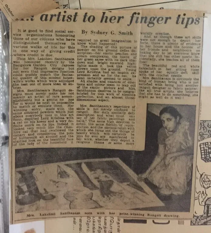Newspaper feature headed an artist to her finger tips, by Sydney G. Smith, with a photograph of Lakshmi Santhanam at work