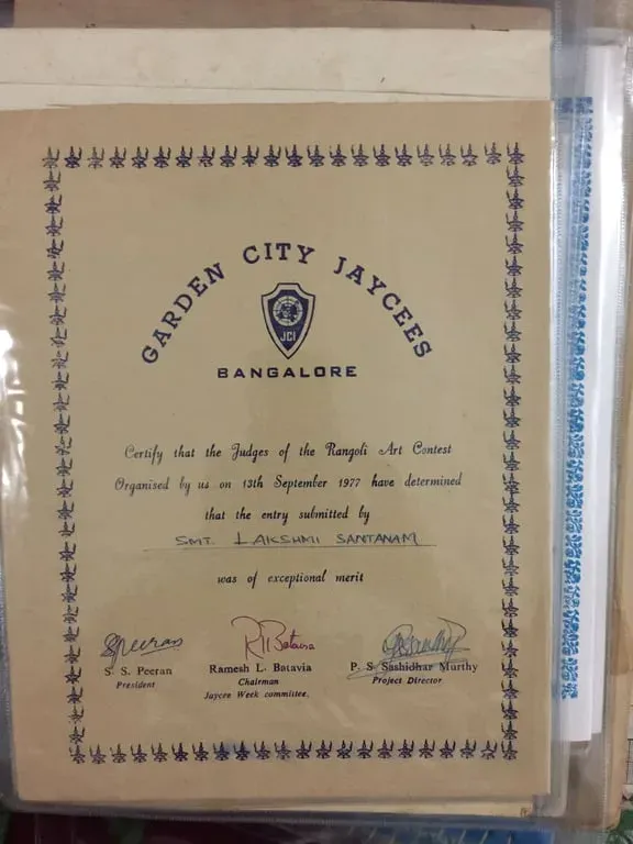 Certificate from Garden City Jaycees, Bangalore: the judges of the Rangoli Art Contest held on 13 September 1977 found the entry of Smt Lakshmi Santhanam of exceptional merit