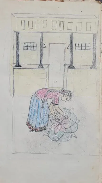 Pencil sketch of a woman bending to draw a kolam in front of a house