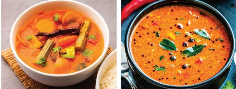 Two bowls of sambar and rasam