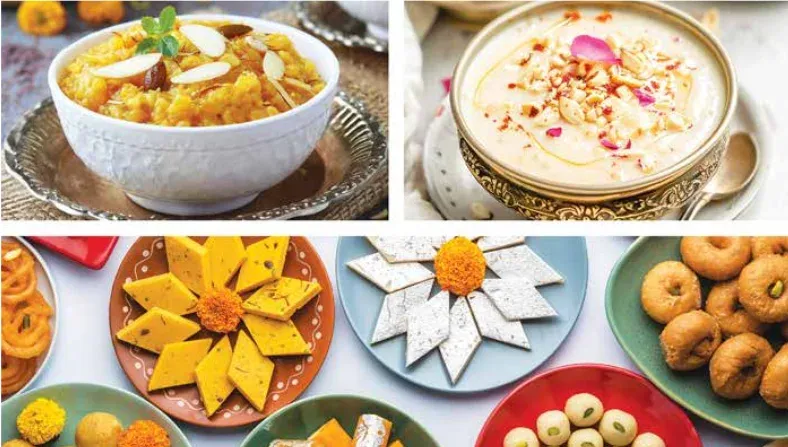 Kesari, a milk sweet, and a plate of assorted festival sweets